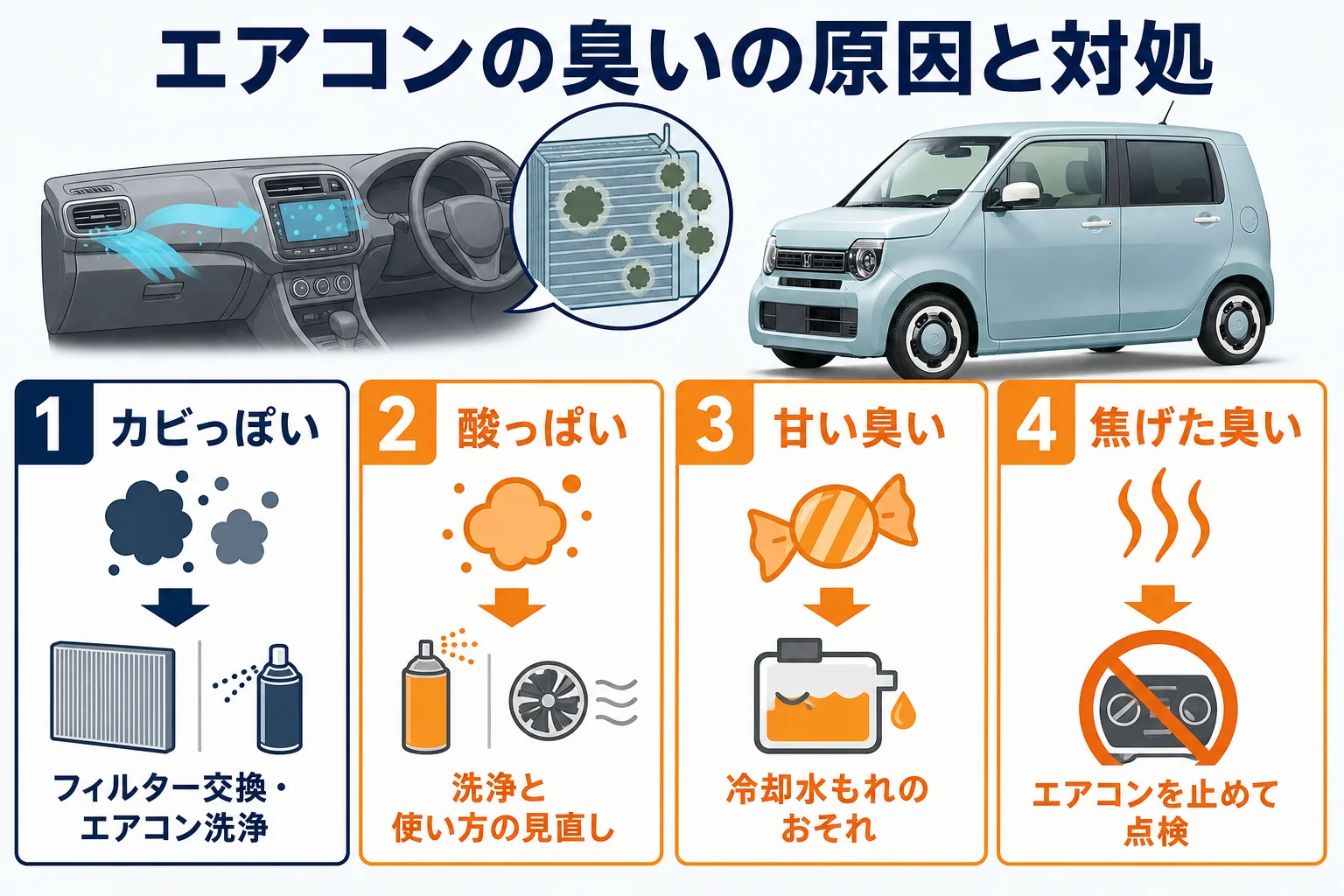 エアコンの臭いの種類と原因、対処を示した図解