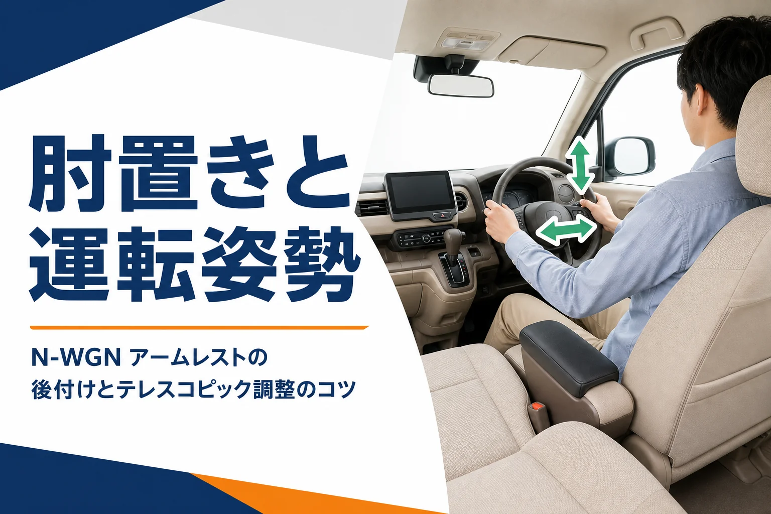 N-WGNの運転席に後付けの肘置きを置いた様子とハンドル調整を表したアイキャッチ