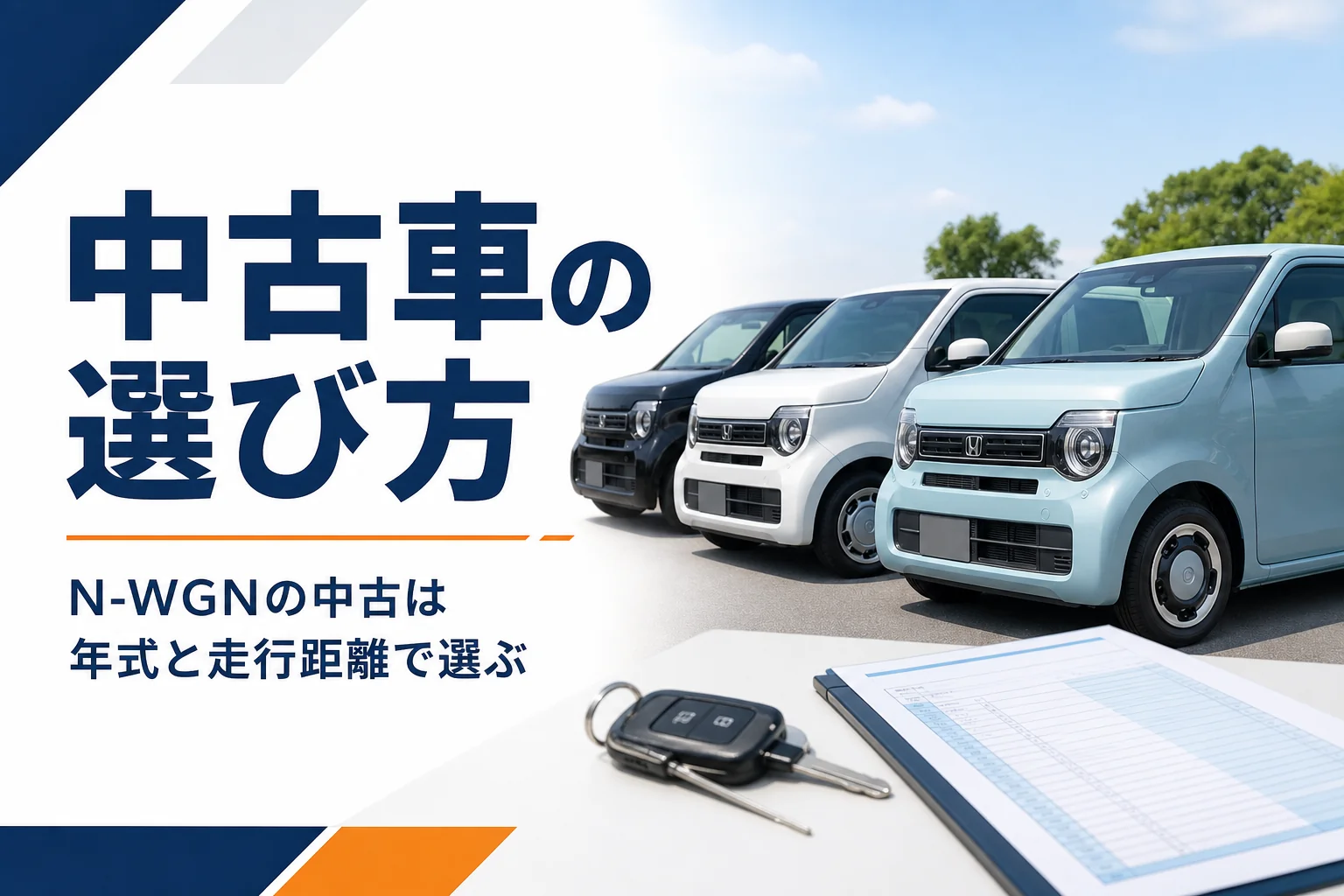 中古車展示場に並ぶ軽ハイトワゴンと、手前の点検記録簿