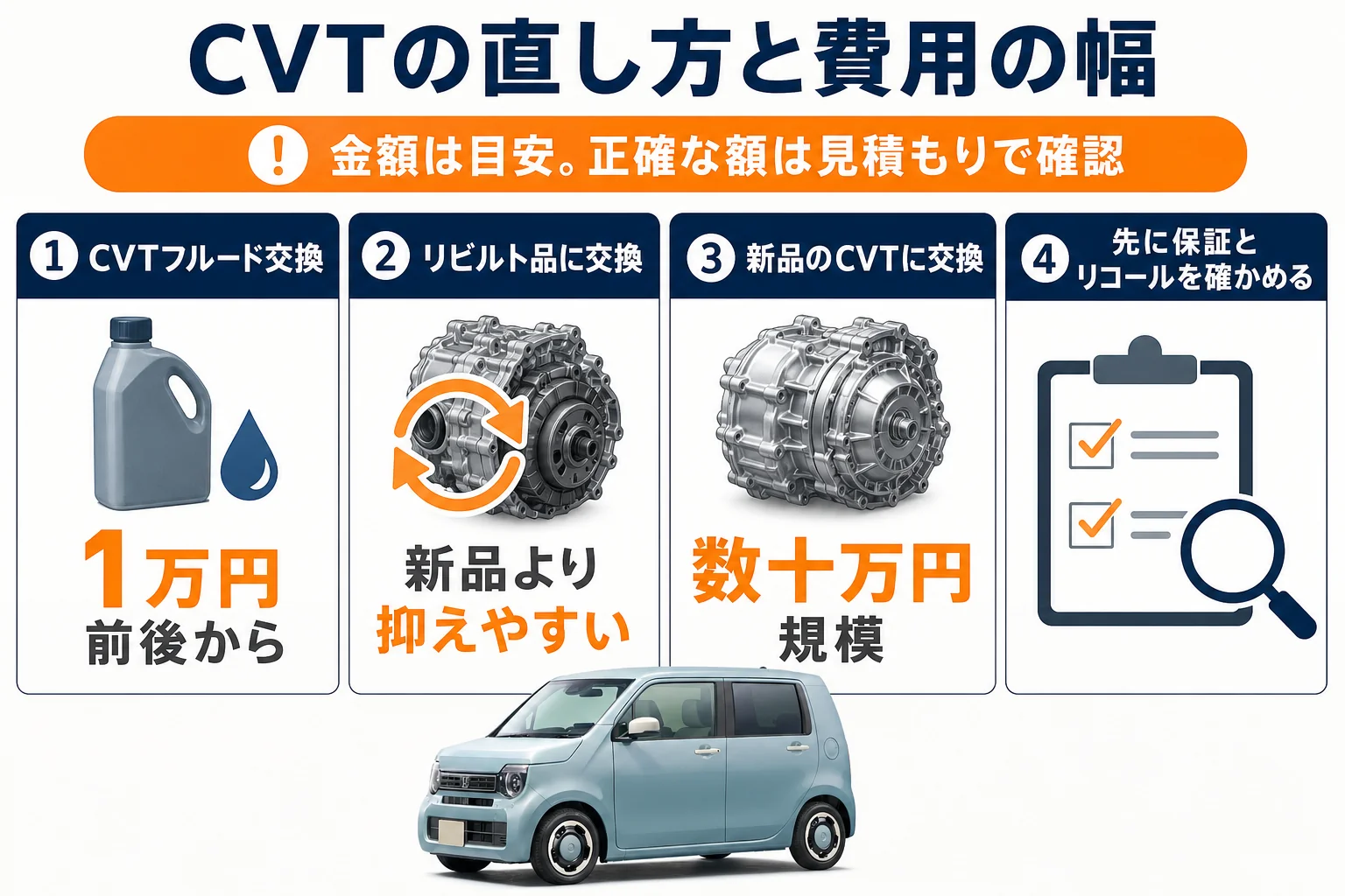 CVTオイル交換とCVT交換の費用の幅を比べた図解