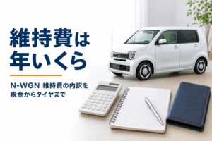 軽ハイトワゴンと電卓と家計簿ノート