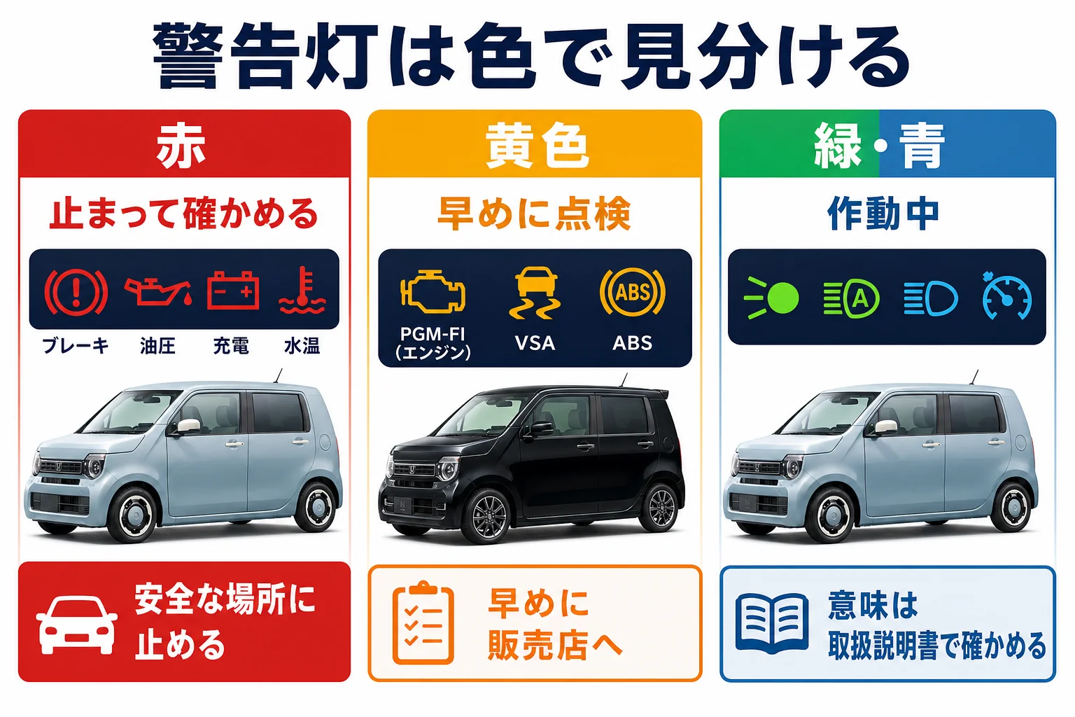 N-WGNの警告灯を色ごとに整理した一覧の図解