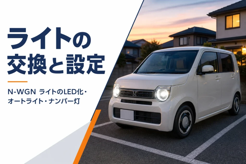 夕暮れにヘッドライトを点けた軽自動車