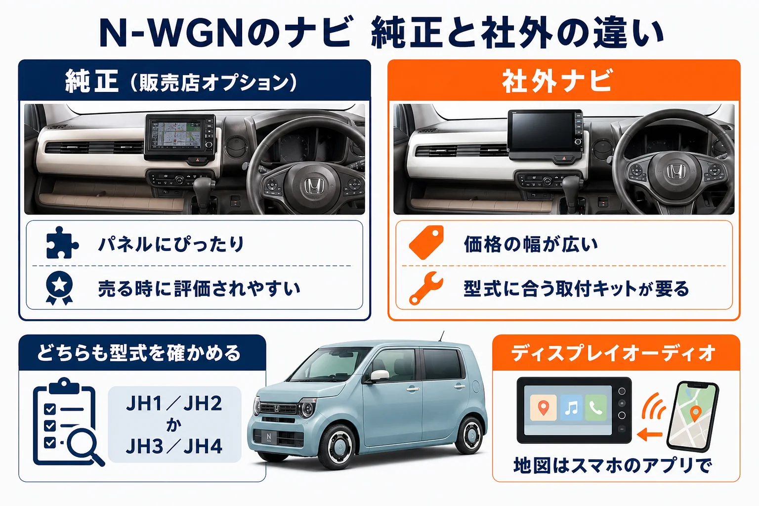 N-WGNのナビを純正と社外とディスプレイオーディオで比べた図解