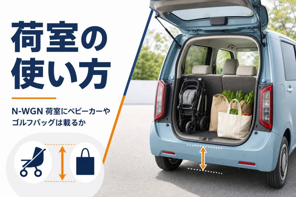 N-WGNの荷室にベビーカーと買い物袋を積んだ様子を表したアイキャッチ