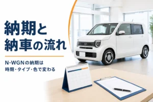 納車スペースの軽ハイトワゴンとカレンダー、契約書類
