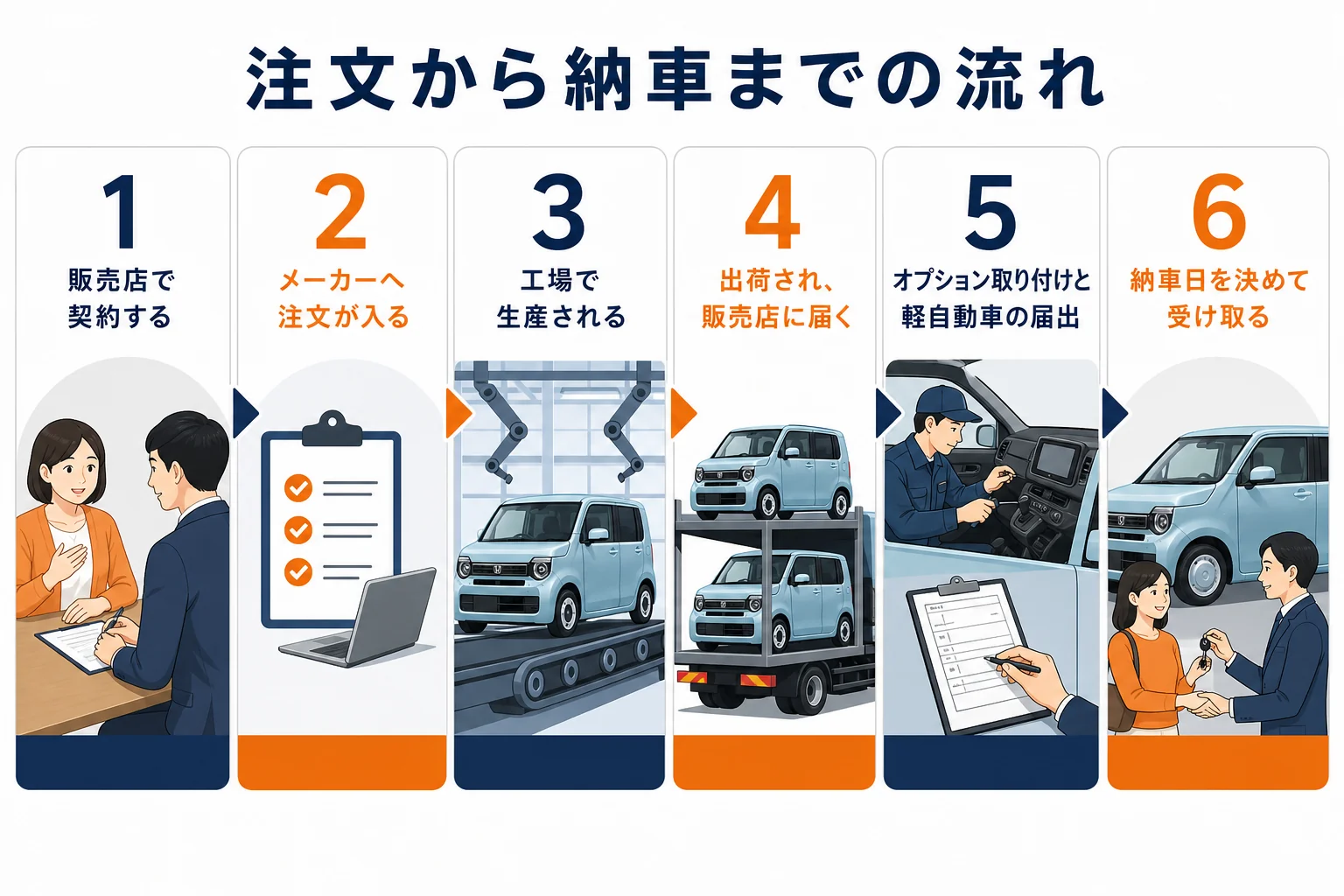 N-WGNの注文から納車までの6つの流れを示した図解