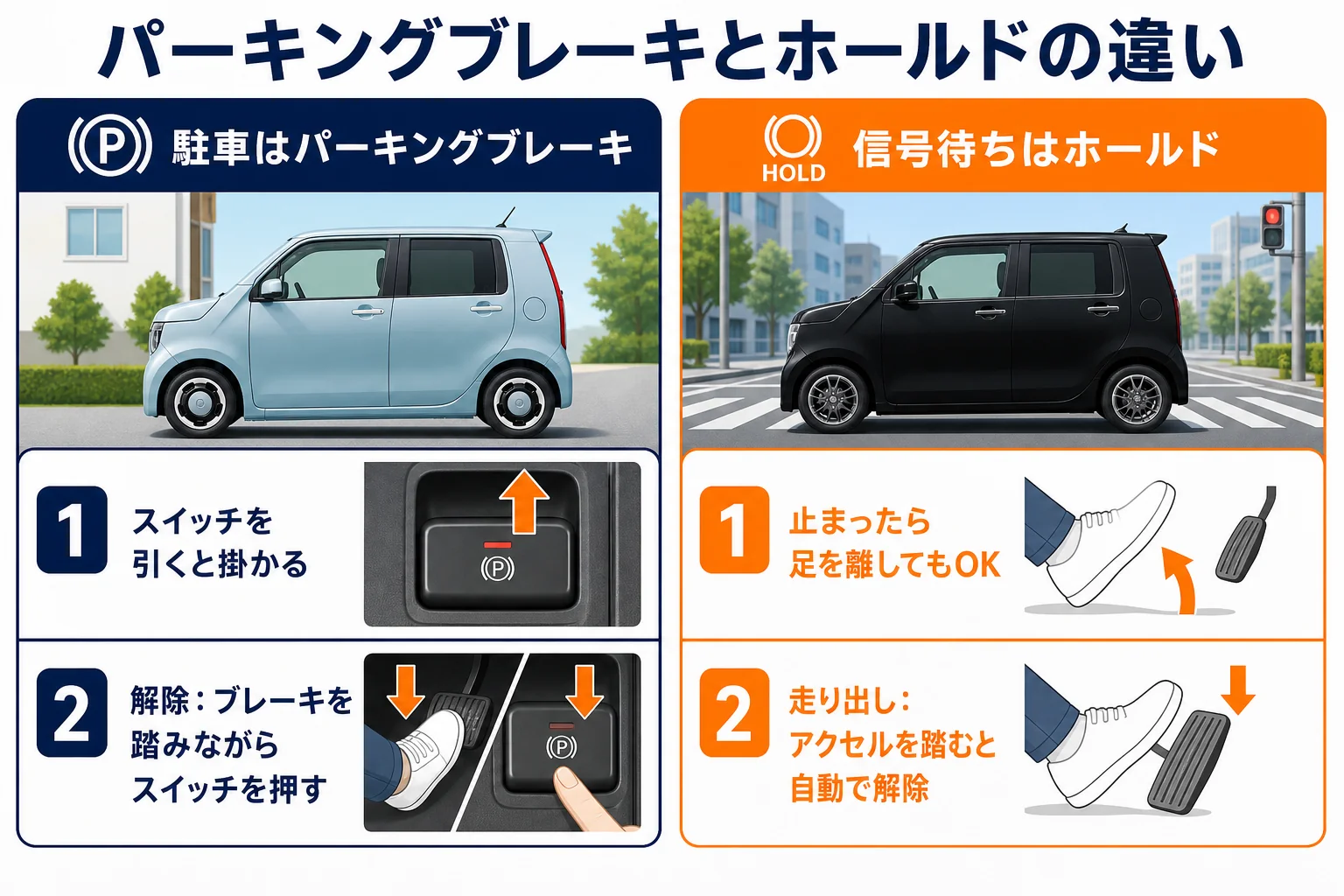 N-WGNの電動パーキングブレーキとオートブレーキホールドの使い分けを示した図解