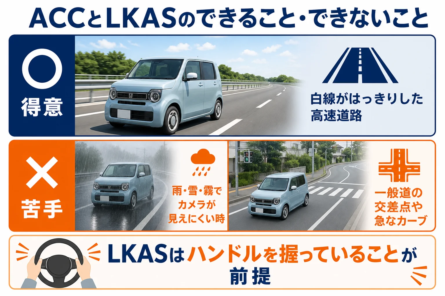 N-WGNのACCとLKASのできること・できないことを示した図解