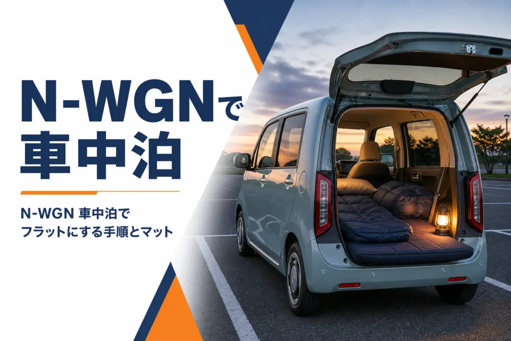 N-WGNの荷室から後席にマットを敷いて車中泊の準備をした様子のアイキャッチ