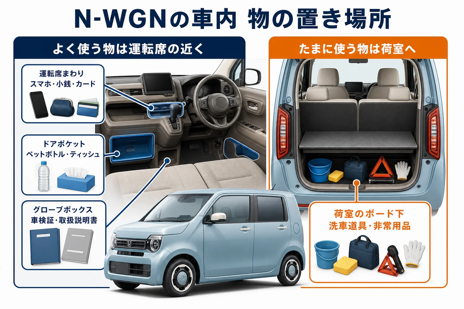 N-WGNの車内で物を置く場所を、よく使う物とたまに使う物に分けた図解