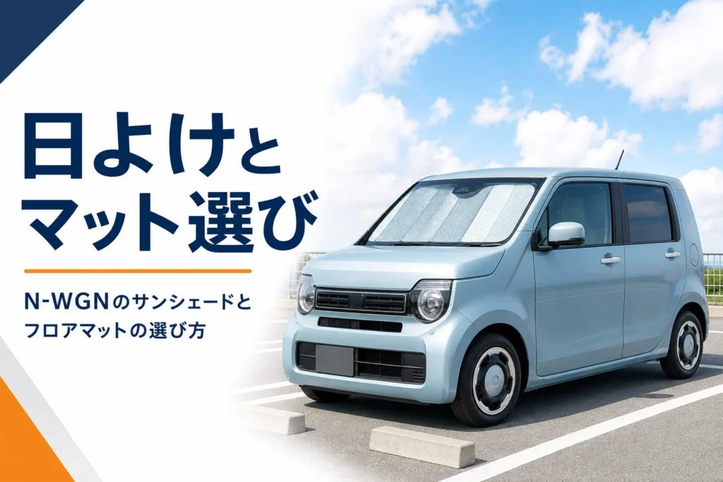 フロントガラスにサンシェードを広げて駐車した軽ハイトワゴン