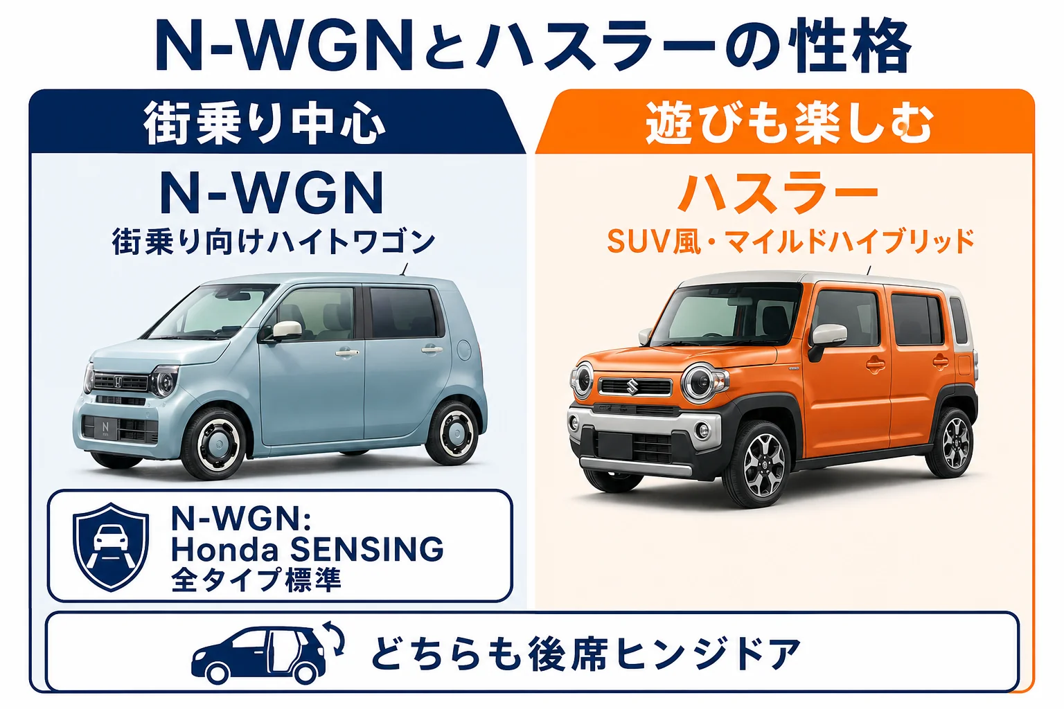 N-WGNとハスラーの性格の違いを比べた図解
